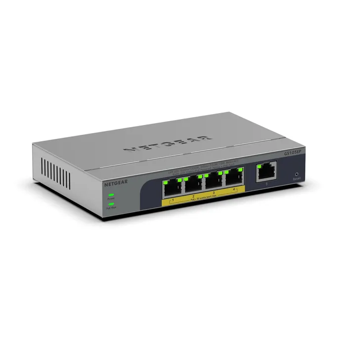 NETGEAR GS105EP 5-Port Gigabit Ethernet PoE+ Plus Switch, PoE Budget 63 W, lüfterlos, Metallgehäuse