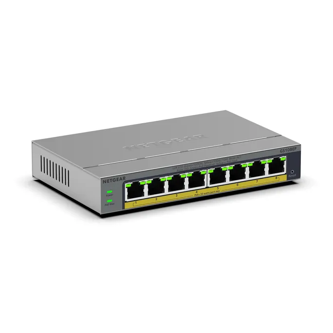 NETGEAR GS108EP 8-Port Gigabit Ethernet PoE+ Plus Switch, PoE Budget 62 W, lüfterlos, Metallgehäuse