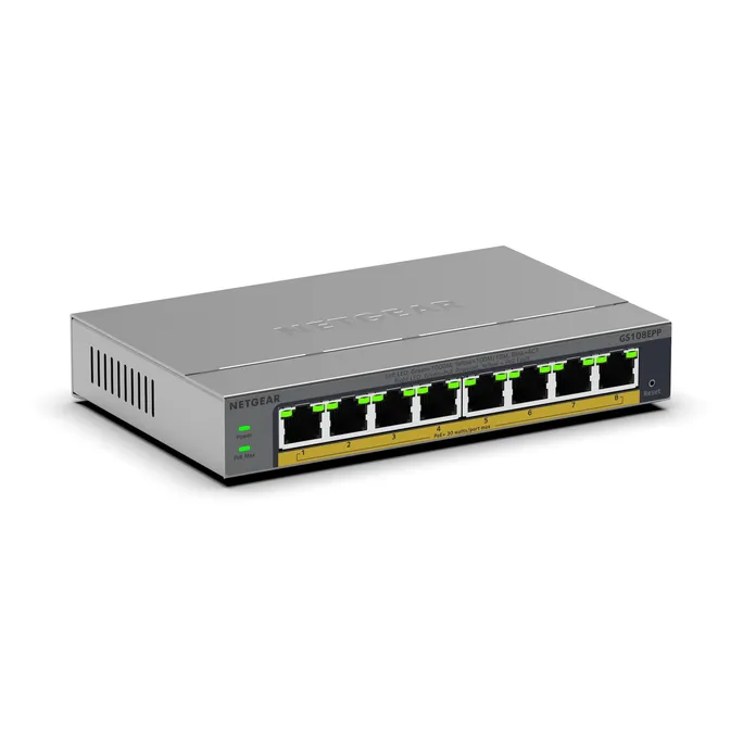 NETGEAR GS108EPP 8-Port-Gigabit-Ethernet-Hochleistungs-PoE + Smart Managed Plus-Switch, PoE Budget 123 W, lüfterlos, Metallgehäuse