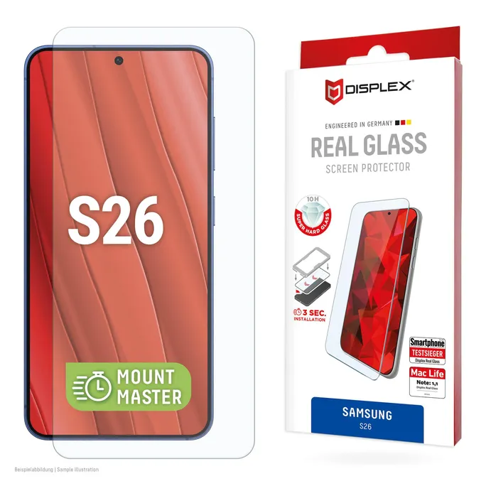 DISPLEX Real Glass Samsung Galaxy S26 mit MM-Montagehilfe
