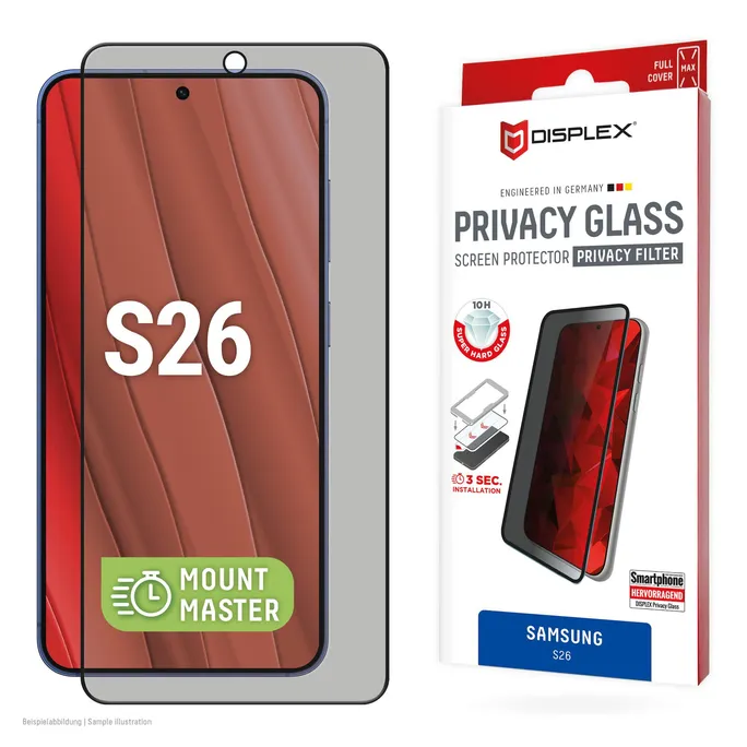 DISPLEX Privacy Glass Samsung Galaxy S26 mit MM-Montagehilfe