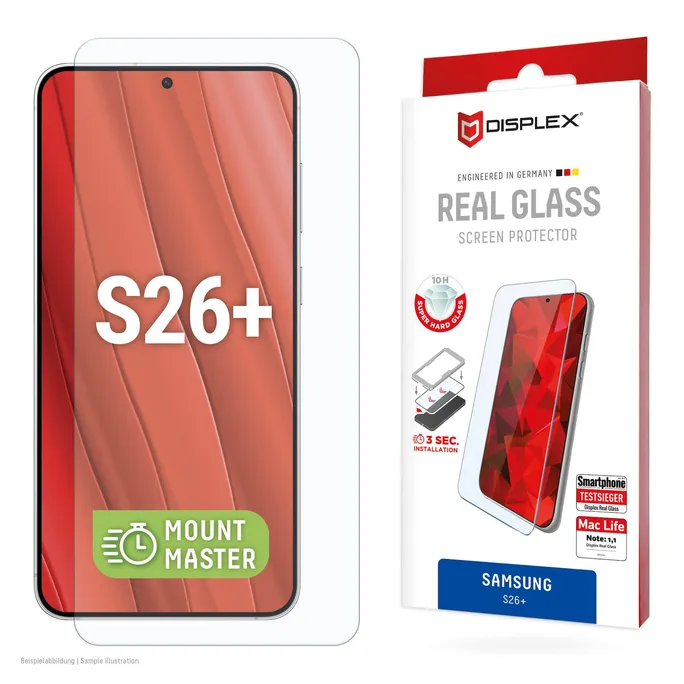 DISPLEX Real Glass Samsung Galaxy S26+ mit MM-Montagehilfe