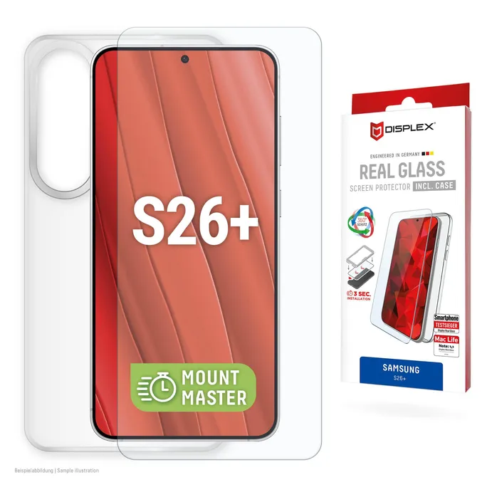 DISPLEX Real Glass + Case für Samsung Galaxy S26+ mit MM Montagehilfe