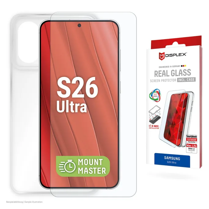 DISPLEX Real Glass + Case für Samsung Galaxy S26 Ultra + MM Montagehilfe