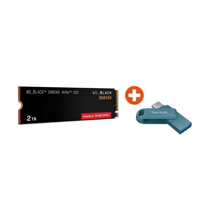WD_BLACK SN850X NVMe SSD 2 TB M.2 2280 PCIe 4.0 inklusive SanDisk Ultra Dual Drive Go 128 GB USB 3.1 Type-C / USB-A Stick Blau