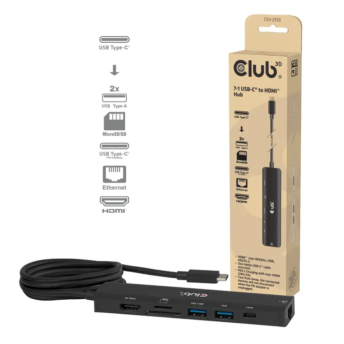 Club 3D CSV-2555 7-1 USB-C® / HDMI™ Hub 4K60Hz PD3.1 140W 1m