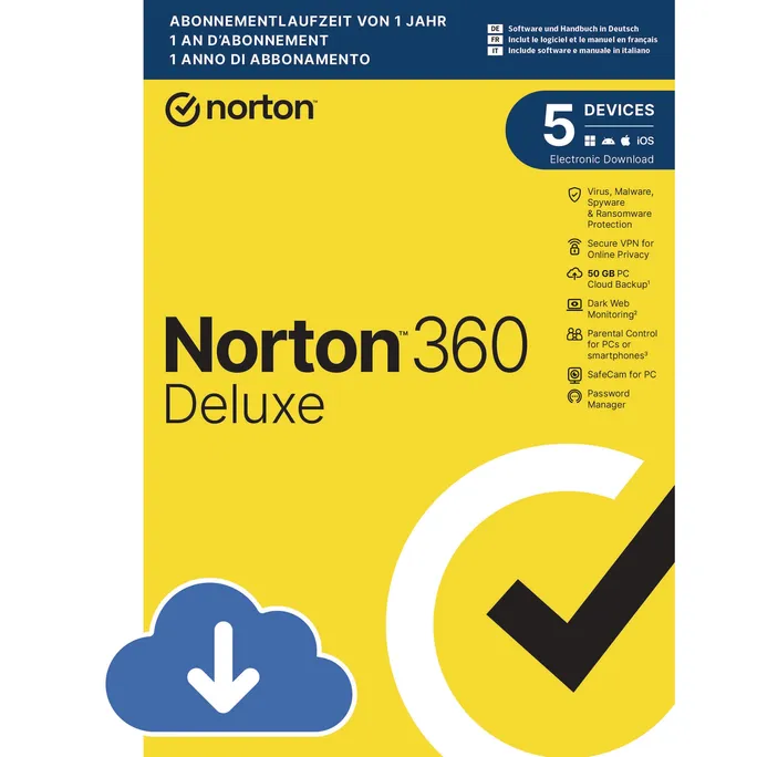 Norton 360 Deluxe 50GB | 5 Geräte | Download & Produktschlüssel