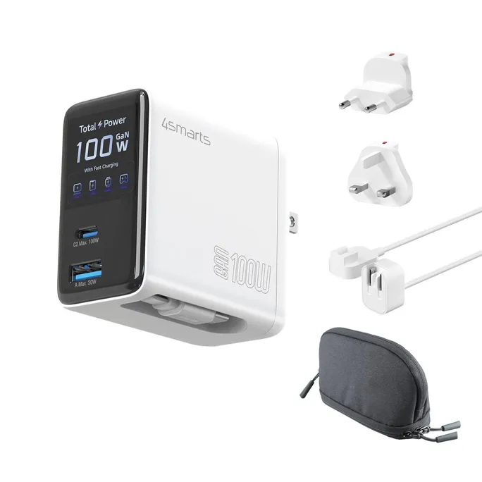 4smarts GaN Flex Screen AI 100W Ladegerät  2 USB-C+1 USB-A Travel Edition weiß