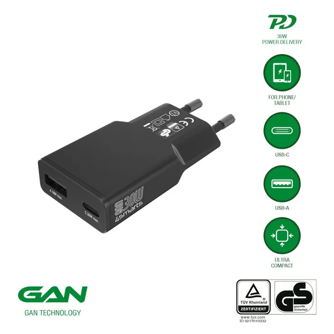 4smarts Netzladegerät PDPlug Slim Duos 30W GaN 1C+1A, schwarz
