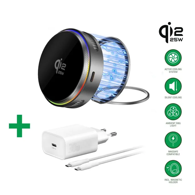 4smarts Qi2 25W MagSafe Ladegerät-Set mit Kühlung RGB grau