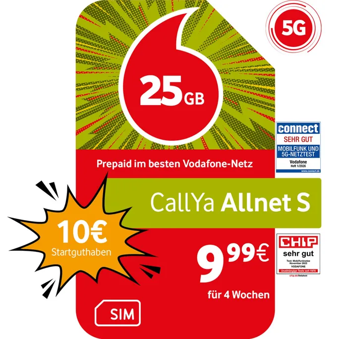 Vodafone Prepaid Prepaid CallYa S | 10 EUR Startguthaben | 1 Monat 25GB | 5G-Netz