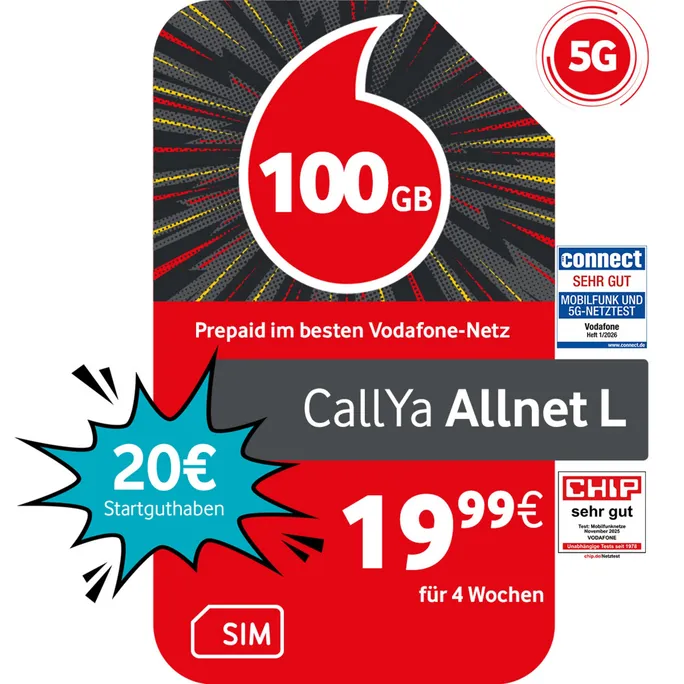 Vodafone Prepaid Prepaid CallYa Allnet L | 20 EUR Startguthaben | 1 Monat 100GB | 5G-Netz