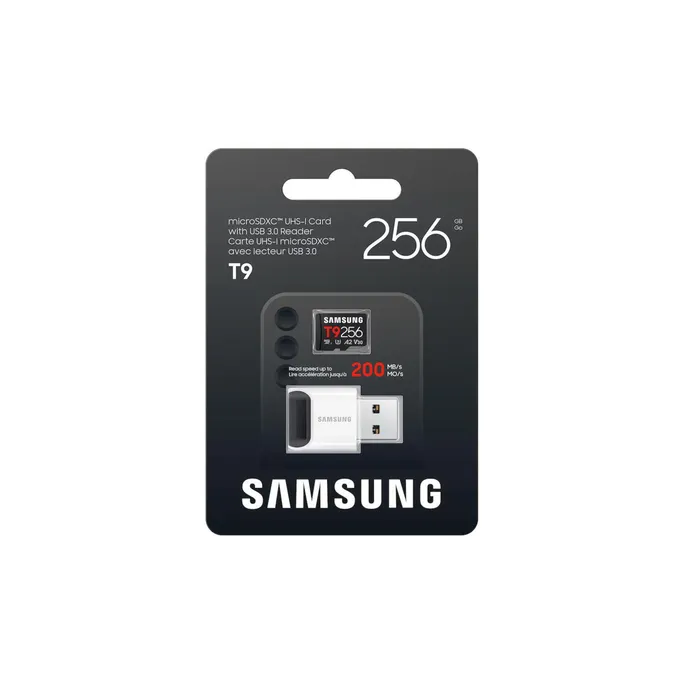 Samsung T9 microSDXC Speicherkarte 256GB (200 MB/s, Class 10, A2, V30, U3) mit Reader