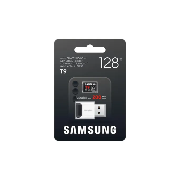 Samsung T9 microSDXC Speicherkarte 128GB (200 MB/s, Class 10, A2, V30, U3) mit Reader
