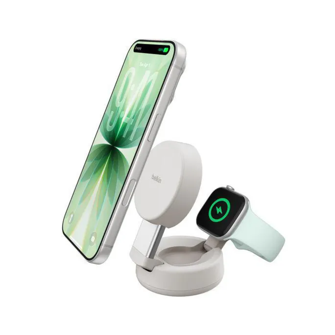 Belkin UltraCharge Pro Verstellbare magnetische Qi2 25W 2-in-1-Ladestation beige
