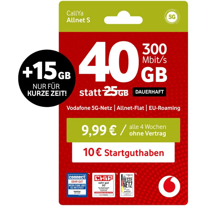 Vodafone Prepaid CallYa S | 40 GB statt 25 GB | 10 EUR Guthaben | ohne Vertrag | 5G | Allnet Flat | EU-Roaming | weltweit nutzbar