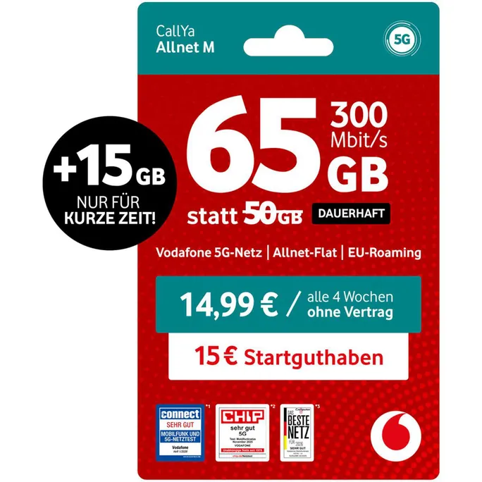 Vodafone Prepaid CallYa M | 65 GB statt 50 GB | 15 EUR Guthaben | ohne Vertrag | 5G | Allnet Flat | EU-Roaming | weltweit nutzbar