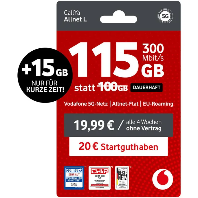 Vodafone Prepaid CallYa L | 115 GB statt 100 GB | 20 EUR Guthaben | ohne Vertrag | 5G | Allnet Flat | EU-Roaming | weltweit nutzbar