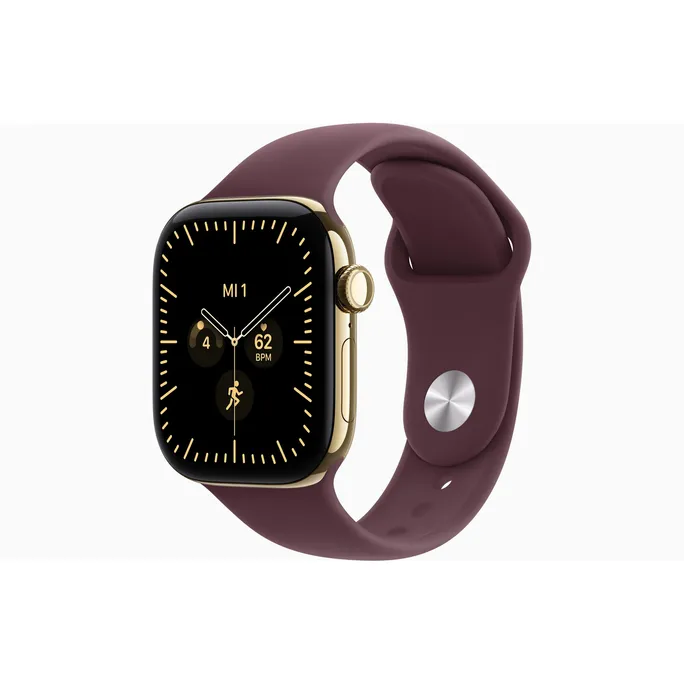 Apple Watch Series 12 GPS + Cellular 42mm Radiant Gold Titanium Case with Burgundy Sport Band - S/M