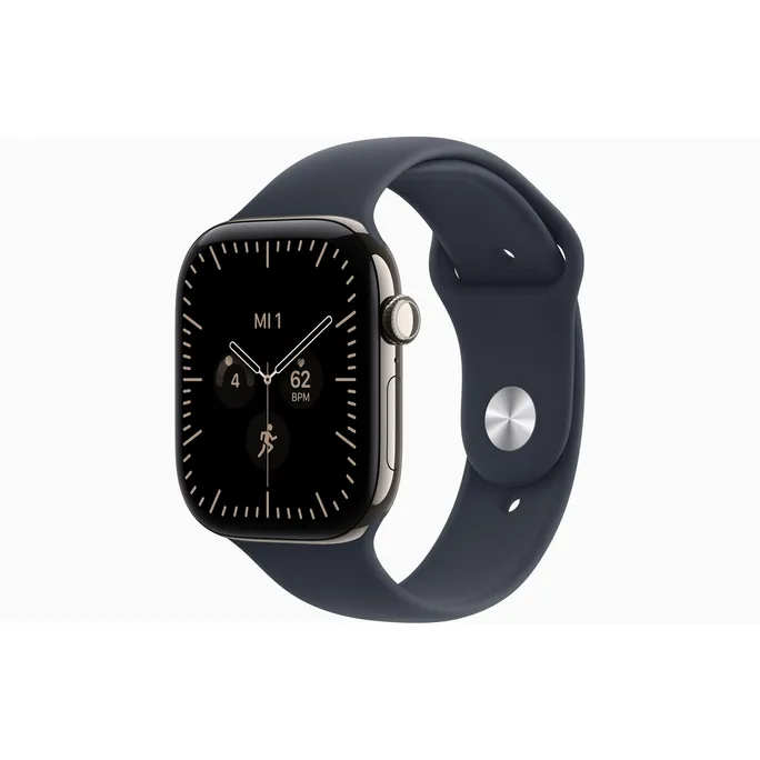 Apple Watch Series 12 GPS + Cellular 46mm Natural Titanium Case with Navy Blue Sport Band - S/M