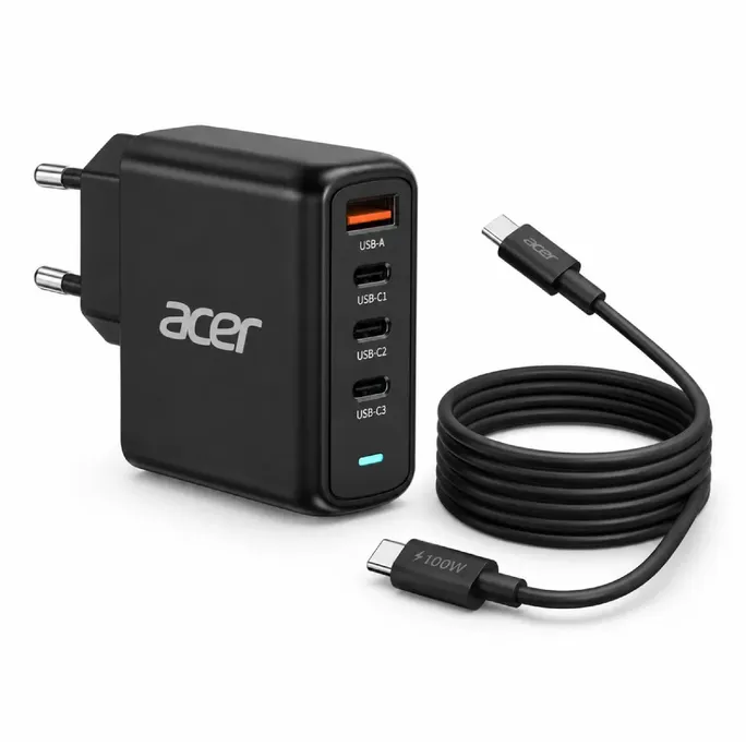 Acer 100W GaN USB-C Schnellladegerät ZL.ADTCC.00L | 3x USB-C, 1x USB-A, Power Delivery, 4 Geräte gleichzeitig