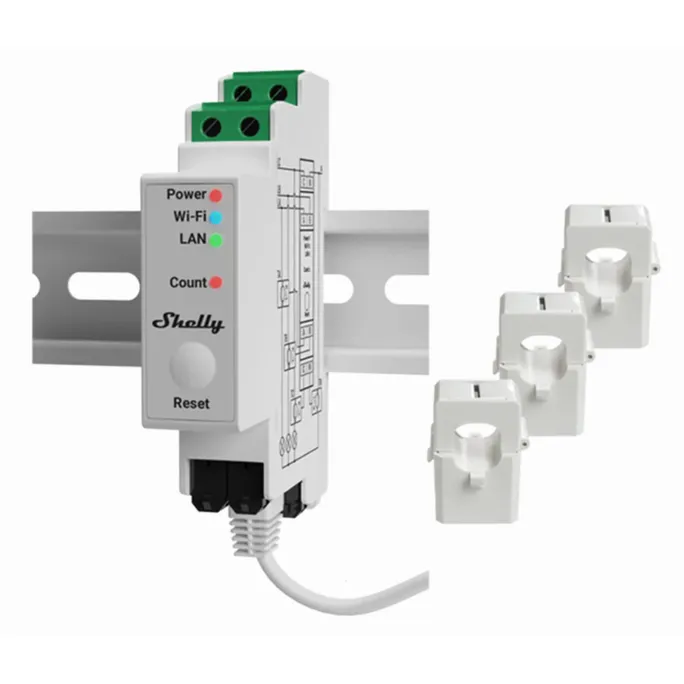 Shelly Pro 3EM 120A v2 Energiemessgerät 3 Phasen inkl. 3x 120A Klemmen WLAN LAN BT (0% MwSt. gem. § 12 Abs. 3 UStG)