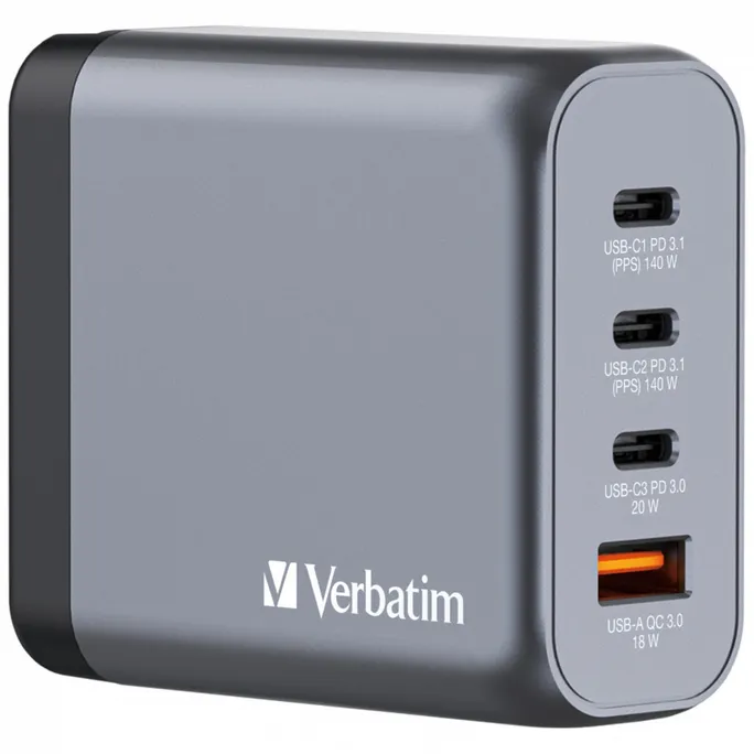 Verbatim 32203 GaN-Ladegerät 140W mit 4 Anschlüssen grau
