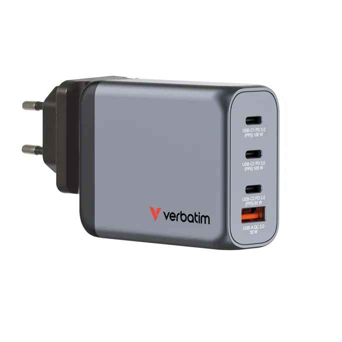 Verbatim 32202 GaN-Ladegerät 100W mit 4 Anschlüssen grau