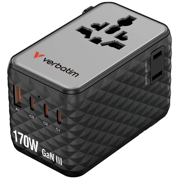 Verbatim 30190 GaN III-Universal-Reiseadapter 170W USB-C PD 3.1 und QC 4+